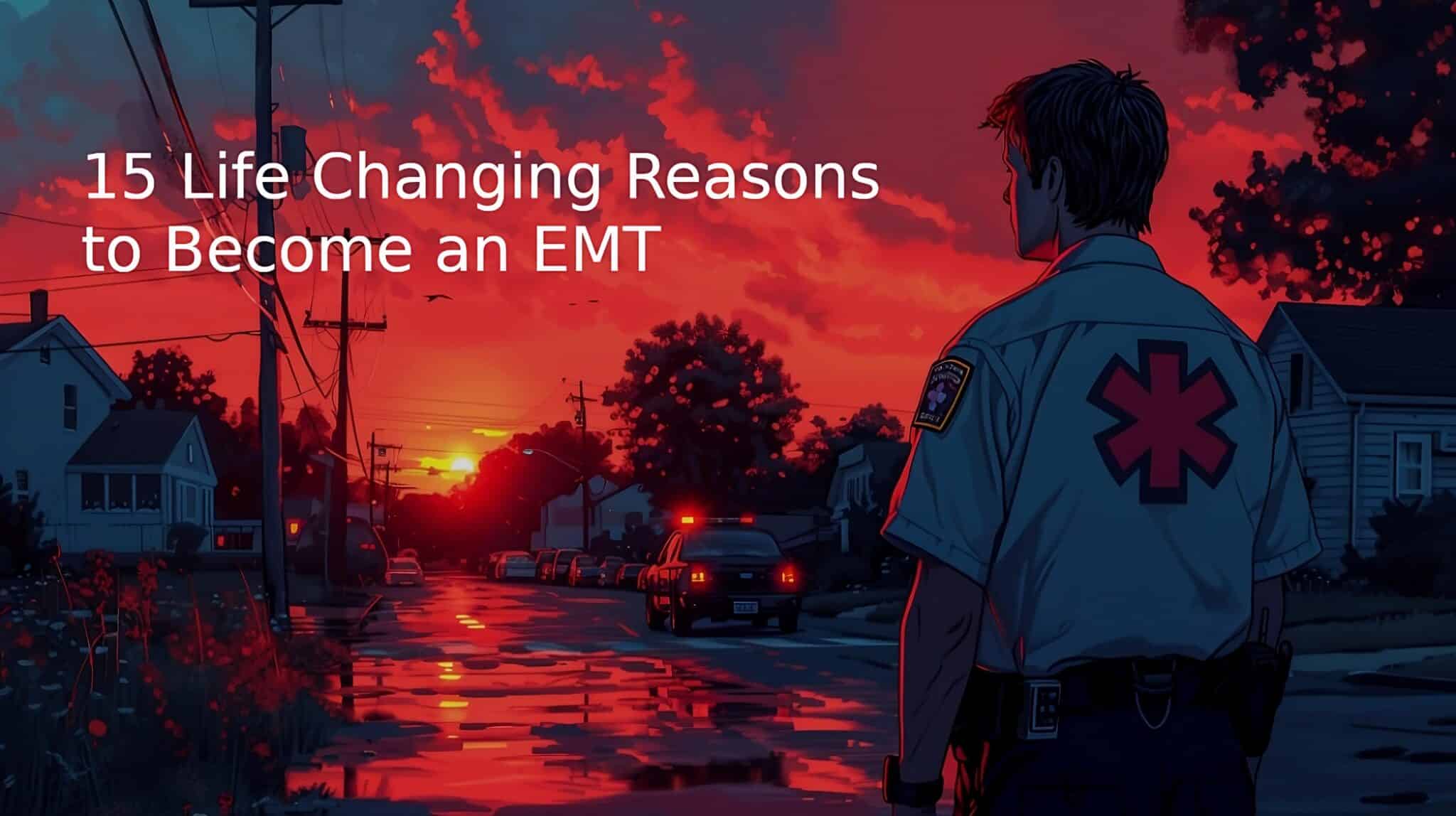 15 reasons to be an EMT. An EMT responds to an emergency during a summer evening.