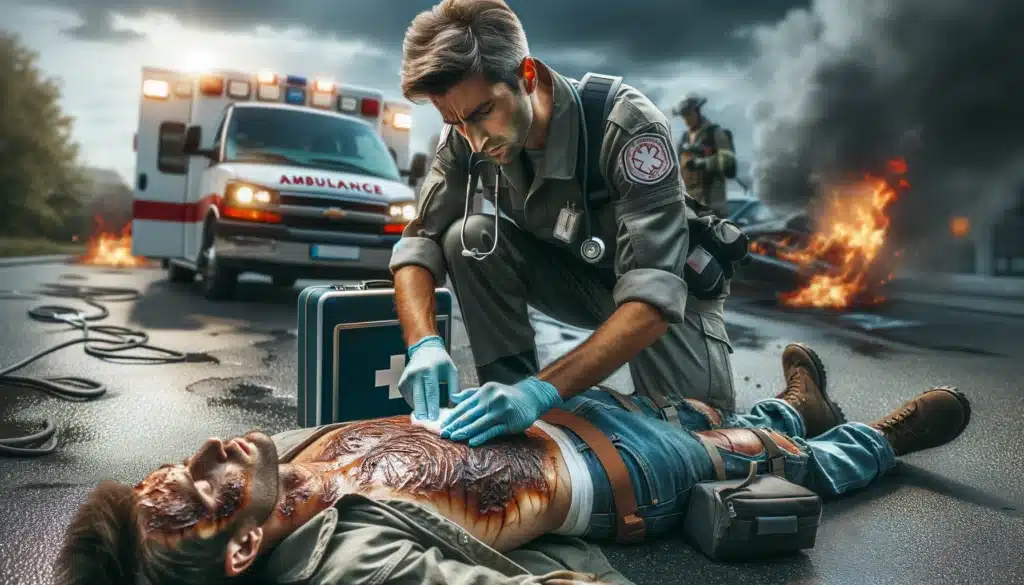 An EMT begins to treat the wounds of a lightning strike victim