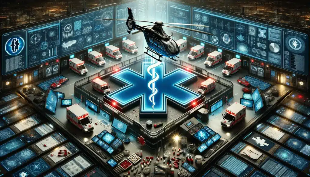 This image depicts a highly stylized and detailed conceptual representation of an emergency response command center. At the center of the image is a large blue Star of Life, the symbol associated with emergency medical services, which appears to be a landing pad for a black helicopter. Surrounding this central area are various emergency vehicles, including multiple ambulances with red and white livery and flashing lights, suggesting urgency and readiness for action.
