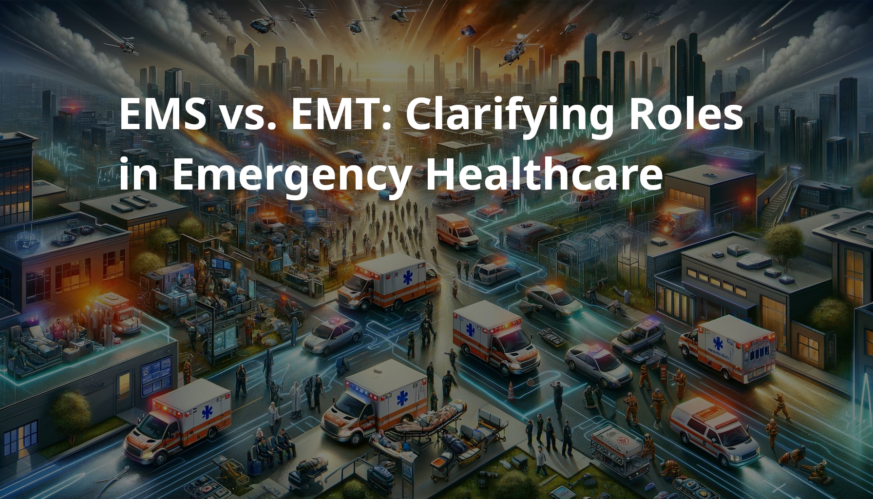 Dynamic emergency healthcare scene with ambulances, EMTs in action, and a command center, illustrating the roles of EMS and EMT in emergency medical services.